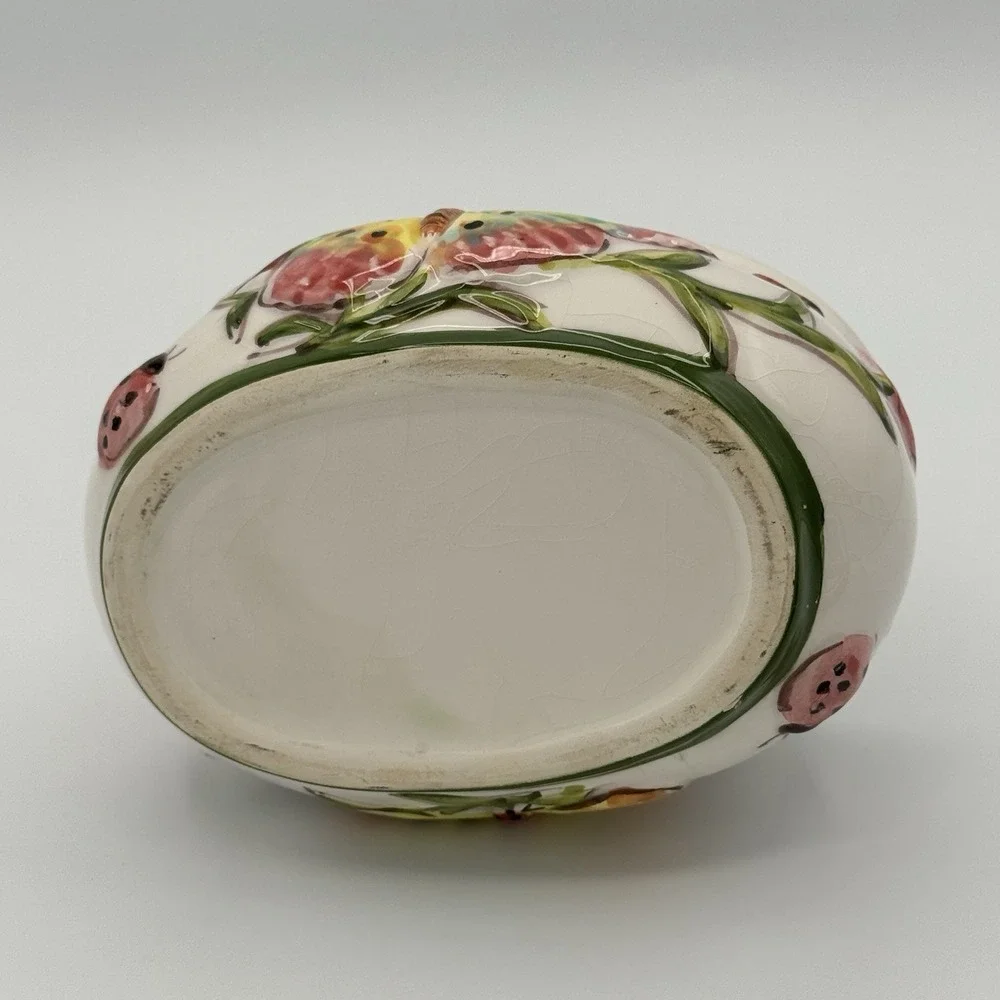 Vintage Ceramic Butterfly‎ Basket Planter Candy Dish Floral Hand Painted